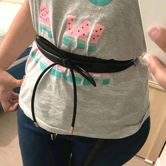 Skinny black boho faux leather waist Obi self tie vegan wrap statement belt - Picture 15 of 15